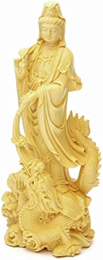 Amazon｜騎龍観音 龍乗観音 龍観音 置物 12cm 天然木製(柘植ツゲ